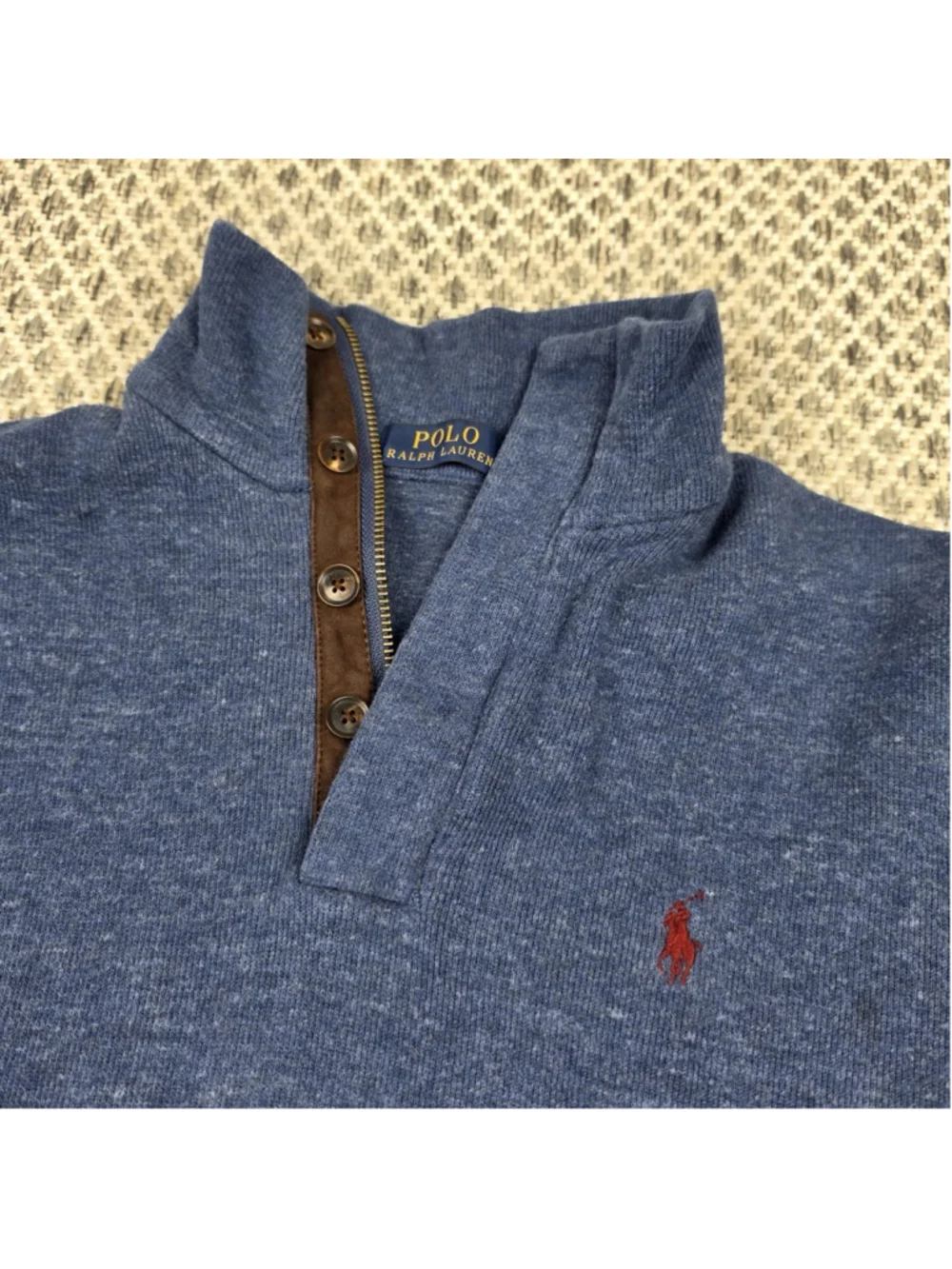 Polo Ralph Lauren Blue Shawl Collar Sweater Mens Small Leather Trim Cotton